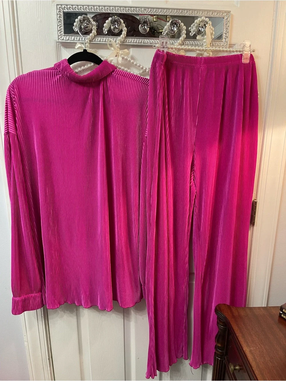 Women's Fuchsia Pleated Button-Up Top & Wide Leg Pants Set
